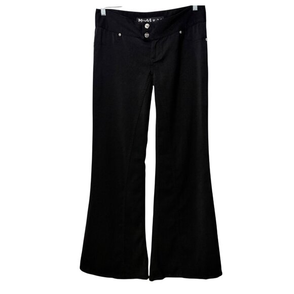 Y2K Vintage Mudd Low Rise Black Flare Wide Leg Pants Sz. 9 Silver Tone Buttons - Picture 1 of 11